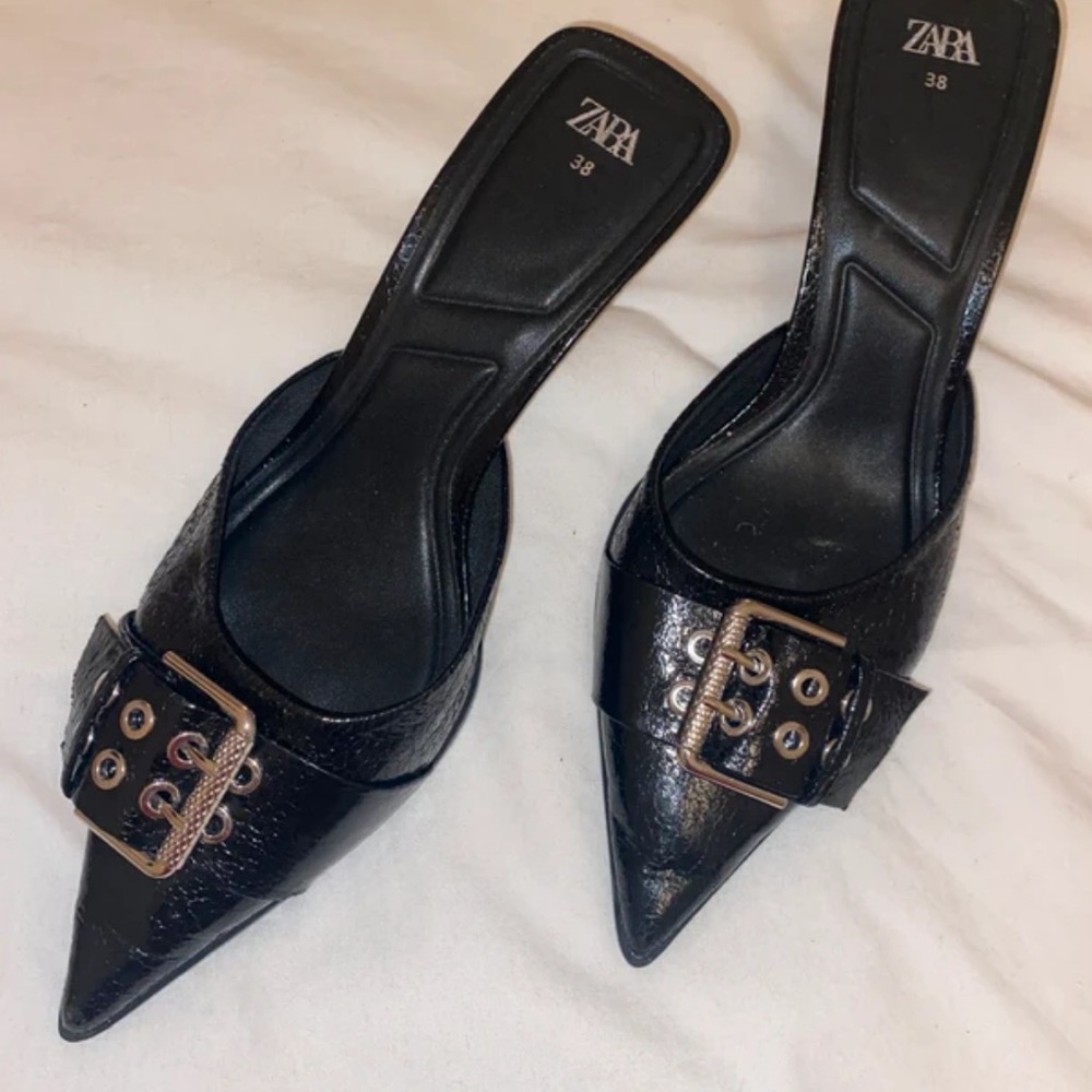 Zara Black Buckle Pointed Mules